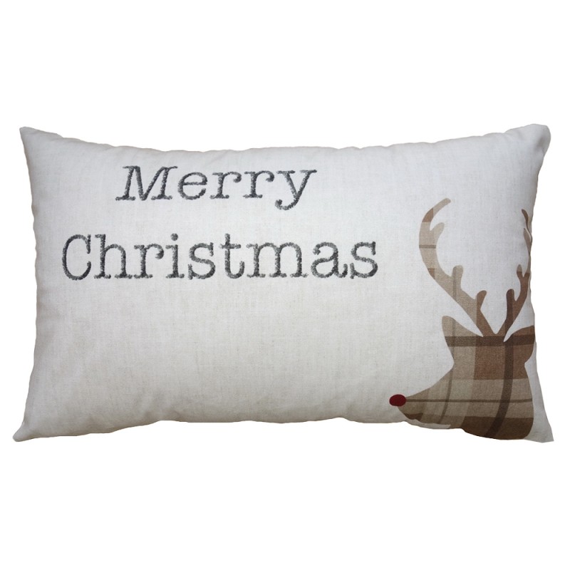 Clayre & Eef Cushion Cover 30x50 cm Beige Brown Polyester Deer Merry Christmas