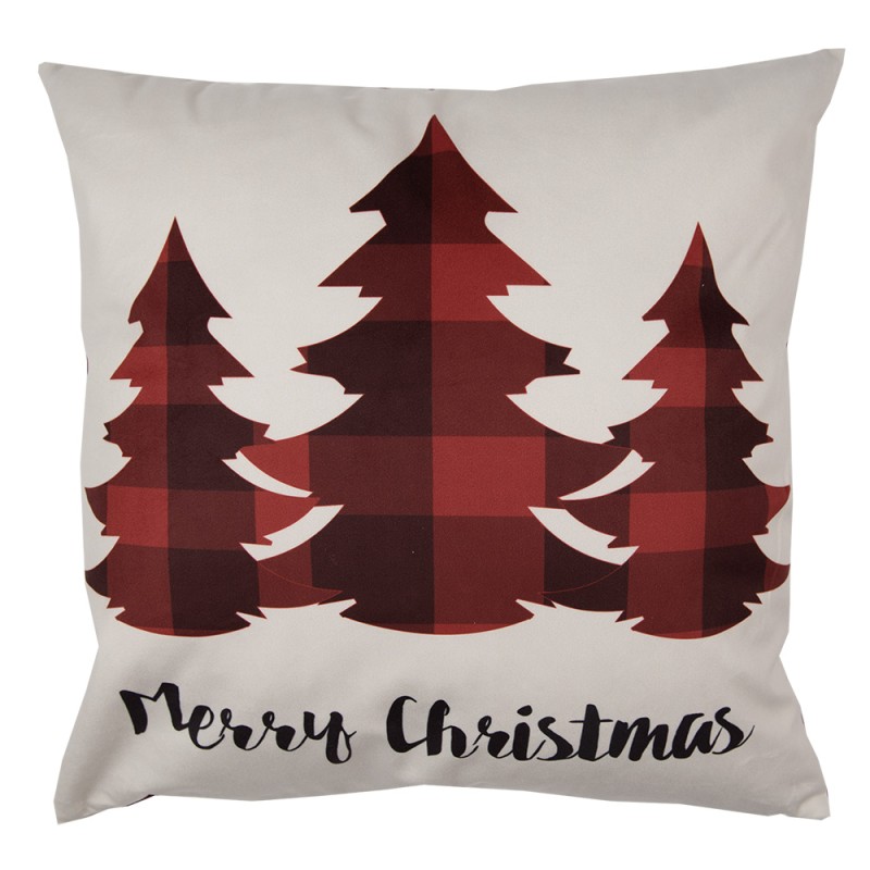 Clayre & Eef Kussenhoes  45x45 cm Rood Beige Polyester Kerstbomen Merry Christmas