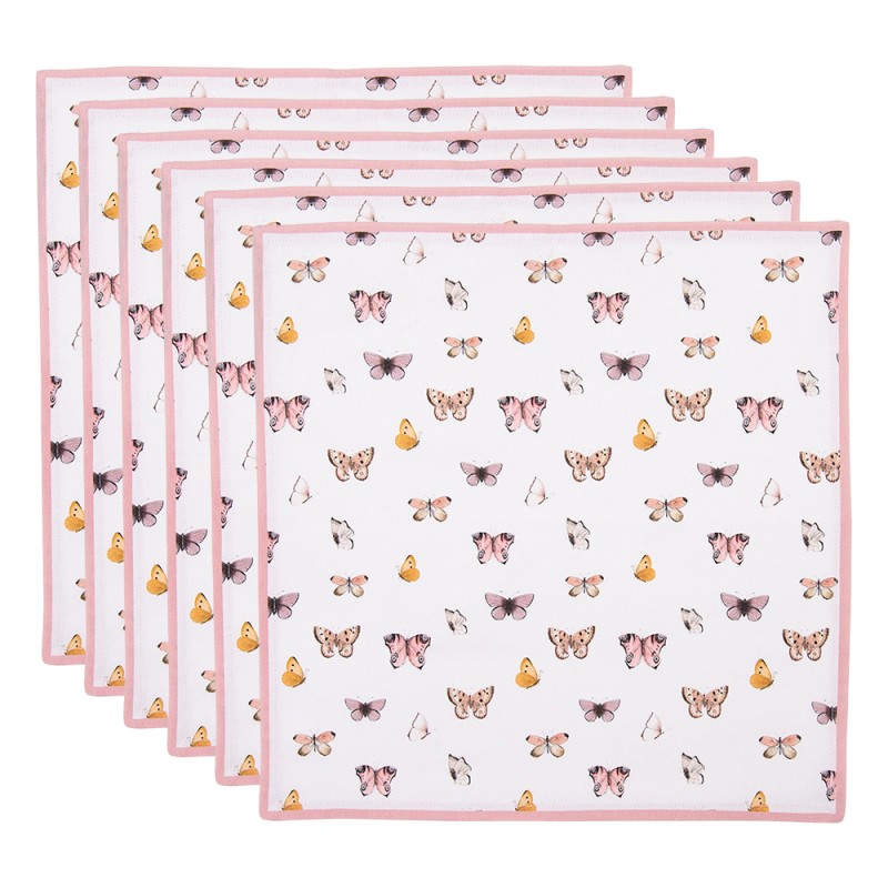 Clayre & Eef Napkins Cotton Set of 6 40x40 cm Beige Pink Cotton Butterflies