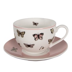 Clayre & Eef Cup and Saucer 200 ml White Pink Porcelain Butterflies