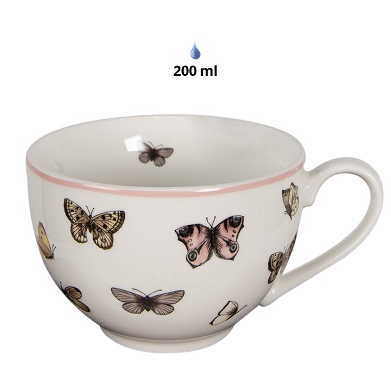 Clayre & Eef Tasse mit Untertasse 200 ml Weiß Rosa Porzellan Schmetterlinge