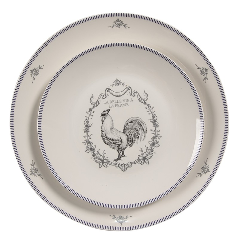 Clayre & Eef Assiette de petit déjeuner Ø 20 cm Blanc Gris Porcelaine Coq