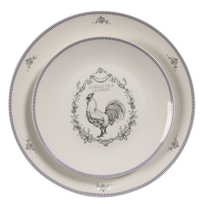 Clayre & Eef Dinner Plate Ø 26 cm White Grey Porcelain Rooster