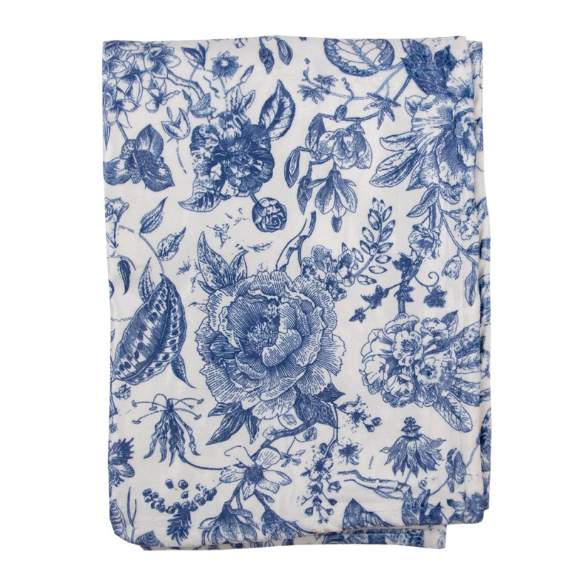 Clayre & Eef Plaid  130x170 cm Wit Blauw Polyester Rechthoek Bloemen
