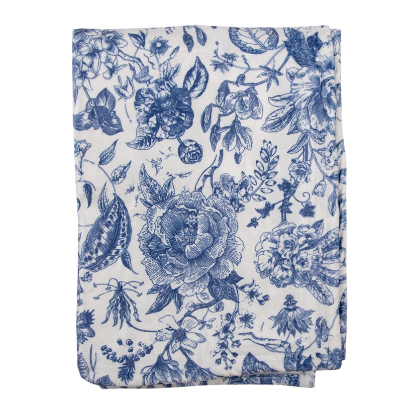 Clayre & Eef Throw Blanket 130x170 cm White Blue Polyester Rectangle Flowers