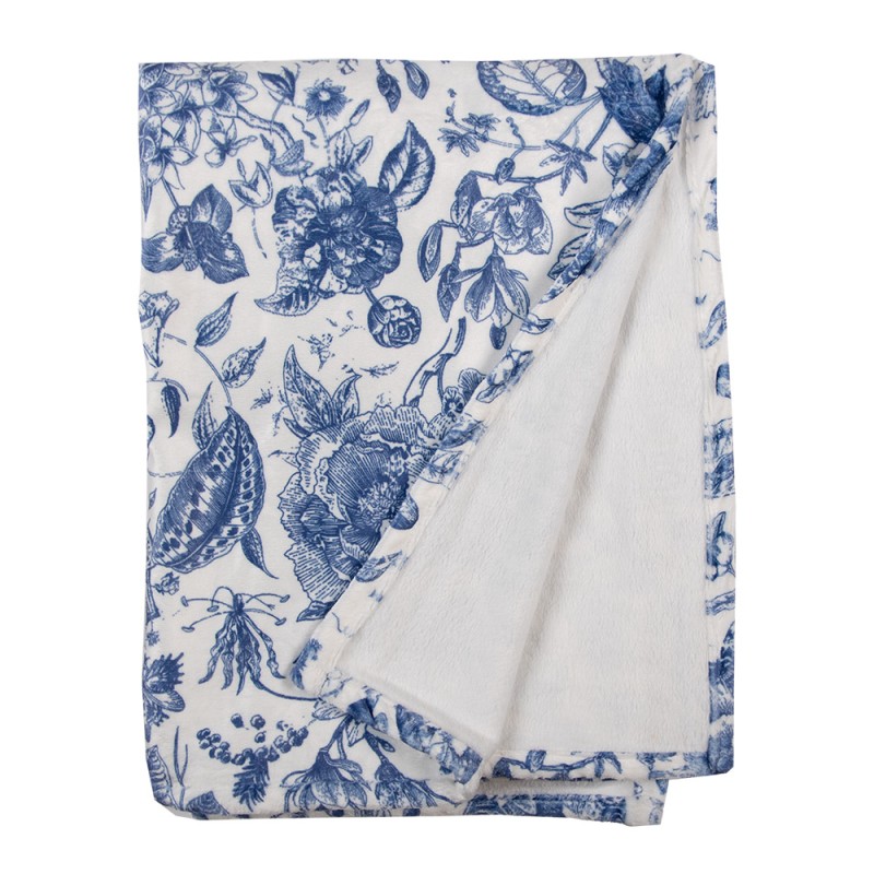 Clayre & Eef Throw Blanket 130x170 cm White Blue Polyester Rectangle Flowers