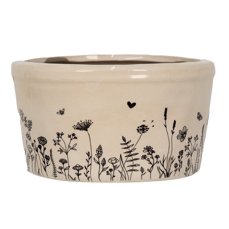 Clayre & Eef Pot de fleurs Ø 16x9 cm Beige Noir Céramique Fleurs