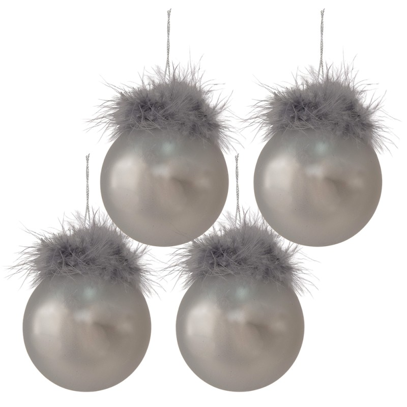 Clayre & Eef Christmas Bauble Set of 4 Ø 8 cm Silver colored White Glass