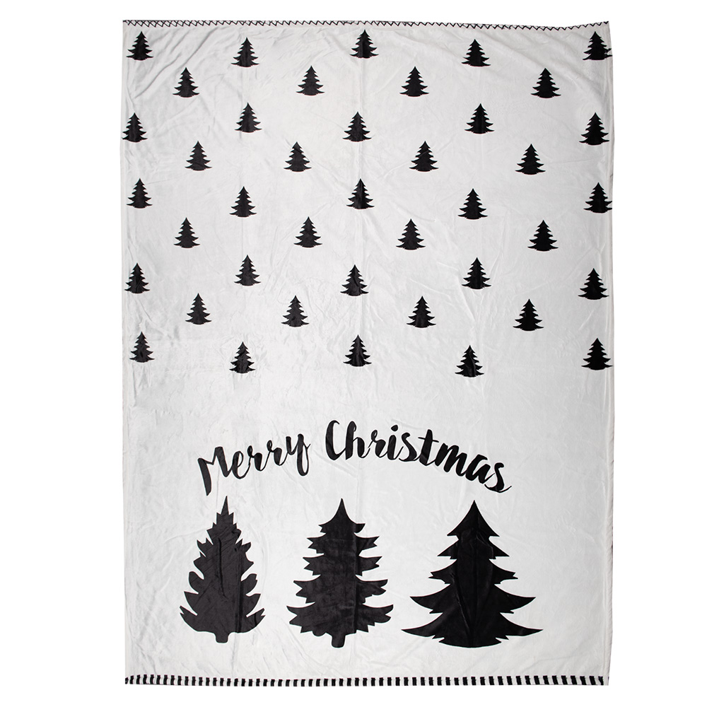 Clayre&Eef Plaid 130x170 cm Wit Zwart Polyester Kerstbomen afbeelding