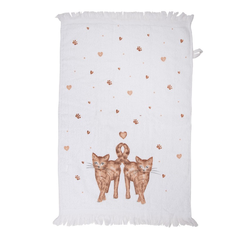 Clayre & Eef Guest Towel 40x66 cm White Brown Cotton Rectangle Cats