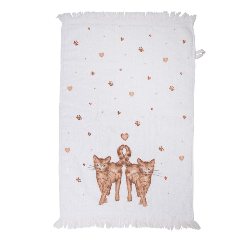 Clayre & Eef Serviette invité 40x66 cm Blanc Marron Coton Rectangle Chats