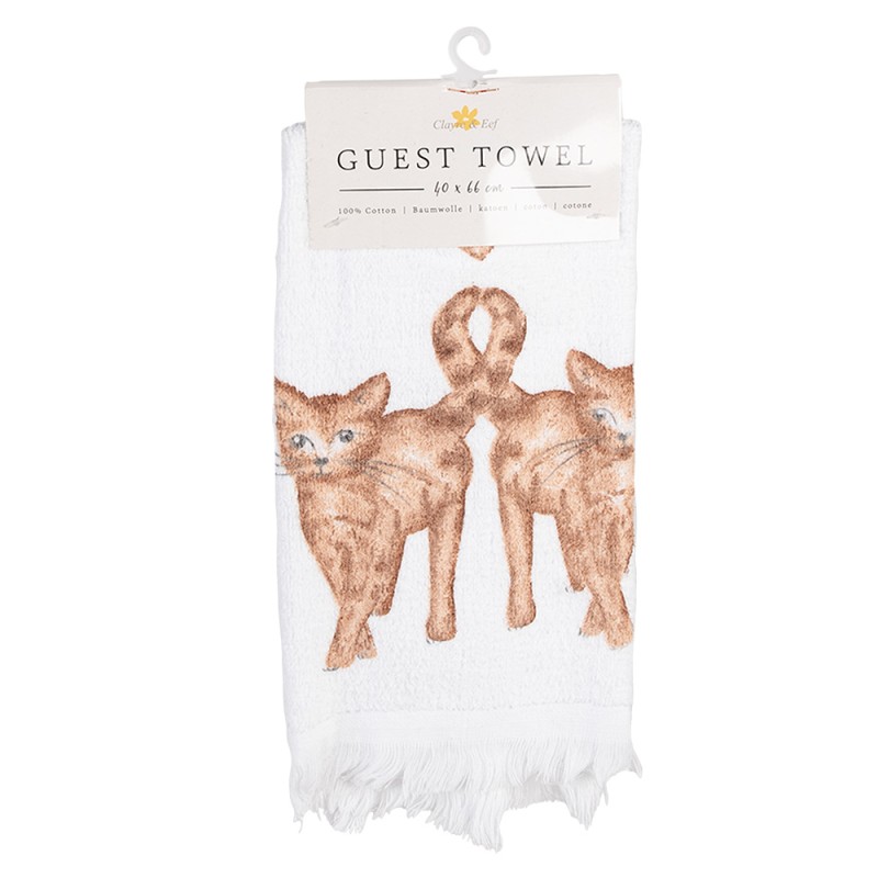 Clayre & Eef Guest Towel 40x66 cm White Brown Cotton Rectangle Cats