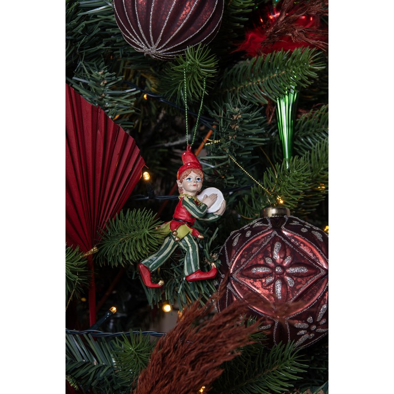 Clayre & Eef Kersthanger Elf 11 cm Rood Groen Polyresin