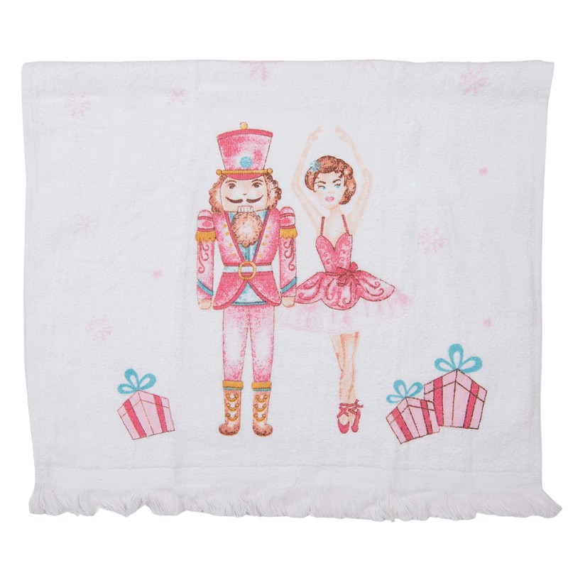 Clayre & Eef Guest Towel 40x66 cm White Pink Cotton Rectangle Nutcracker and Ballet Dancer