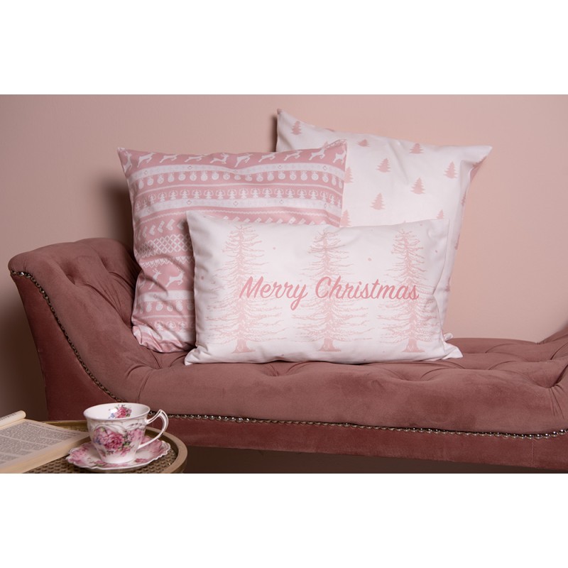 Clayre & Eef Kussenhoes  45x45 cm Roze Wit Polyester Kerstbomen