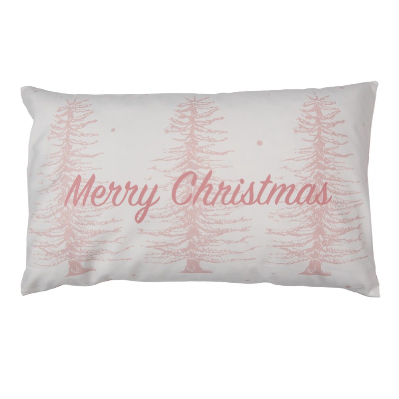 Clayre & Eef Kussenhoes  30x50 cm Roze Wit Polyester Rechthoek Kerstbomen Merry Christmas