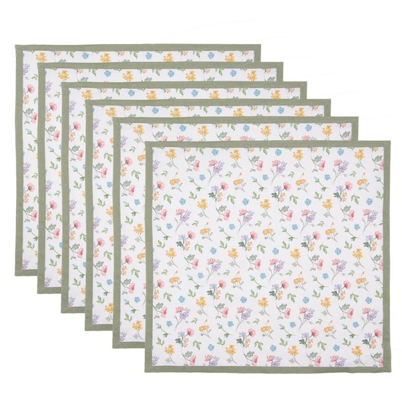 Clayre & Eef Napkins Cotton Set of 6 40x40 cm White Green Square Flowers