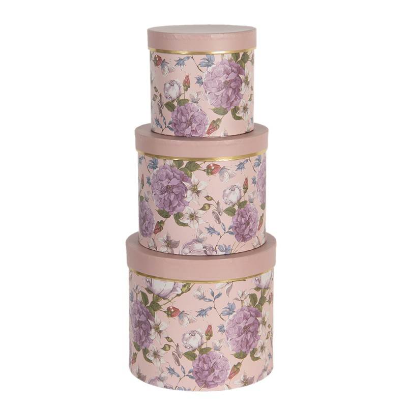 Clayre & Eef Hat Box Set of 3 Ø 20x17 / Ø 17x15 / Ø 14x13 cm Pink Cardboard Round Flowers