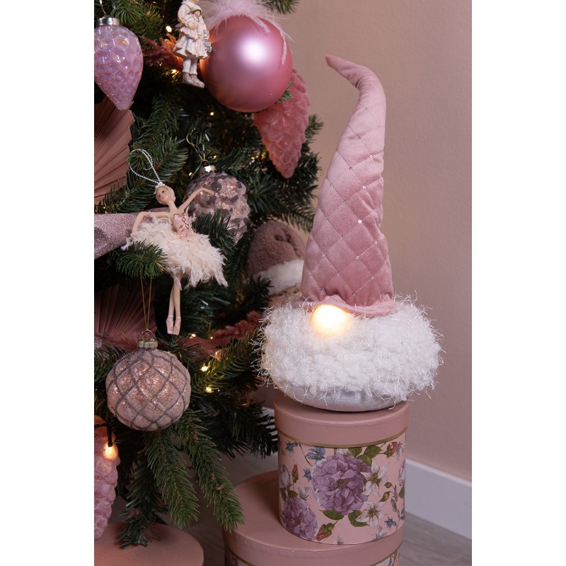 Clayre & Eef Kerstdecoratie met LED-verlichting Kabouter 44 cm Roze Stof