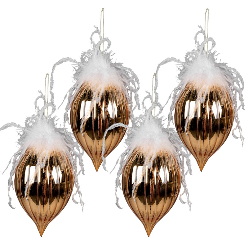Clayre & Eef Christmas Bauble Set of 4 Ø 10 cm Gold colored White Glass