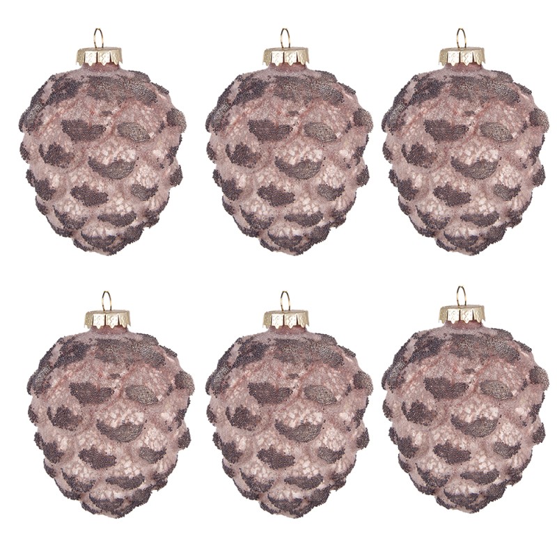 Clayre & Eef Christmas Bauble Set of 6 Pinecone Ø 8 cm Pink Glass
