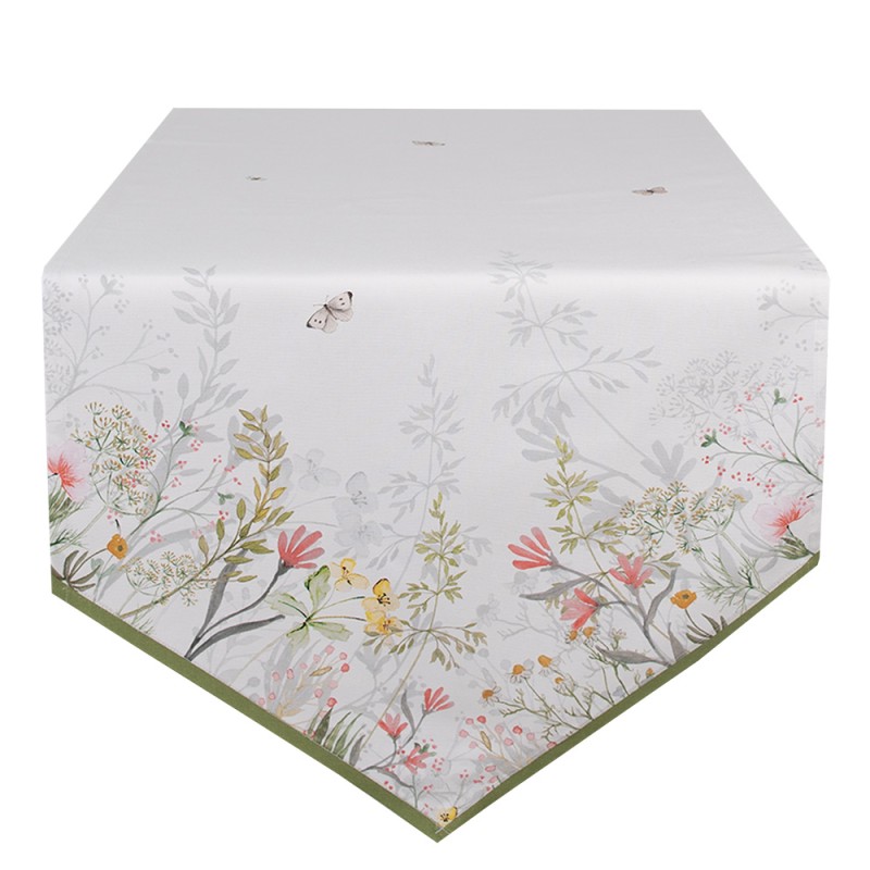 Clayre & Eef Chemin de table 50x160 cm Blanc Coton Fleurs