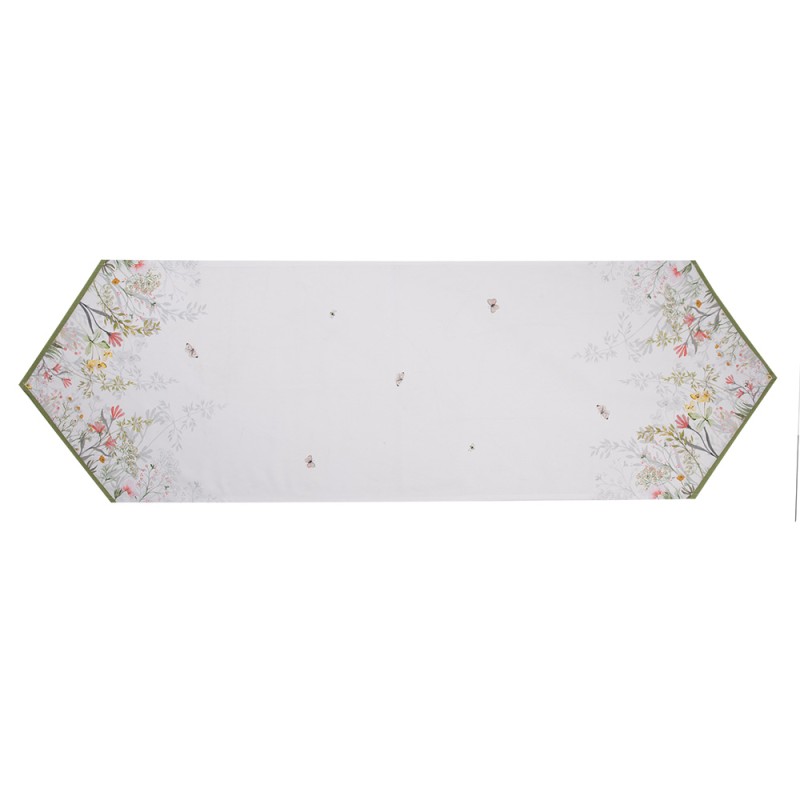 Clayre & Eef Tischläufer 50x160 cm Weiß Baumwolle Blumen