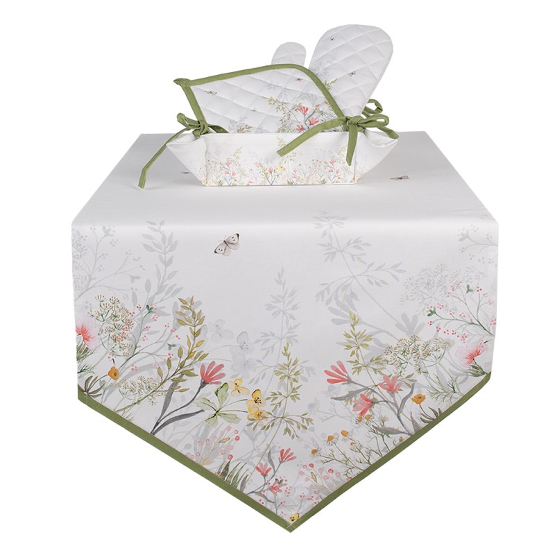 Clayre & Eef Table Runner 50x160 cm White Cotton Flowers