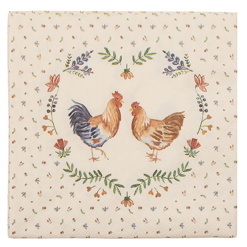Clayre & Eef Napkins Paper Set of 20 33x33 cm (20) Beige Blue Paper Chicken and Rooster