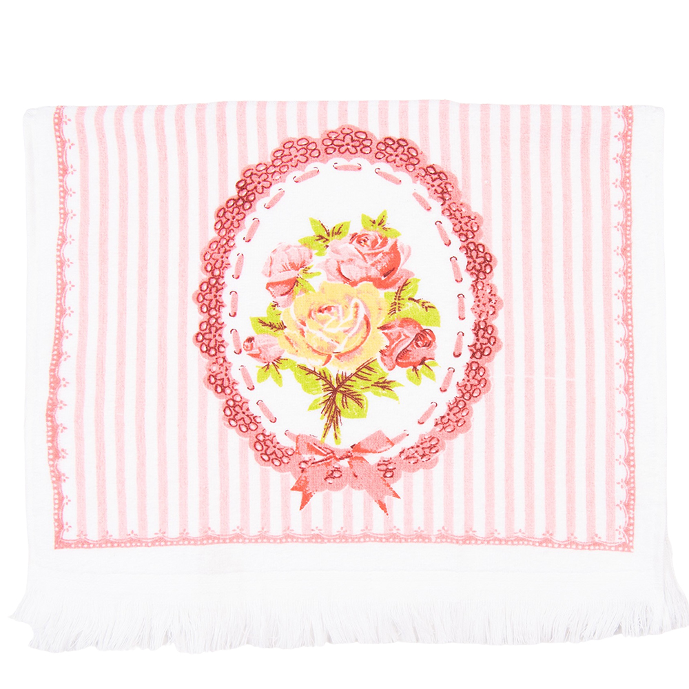 Clayre & Eef Gastendoekje 40x66 cm Wit Roze Katoen Rozen afbeelding
