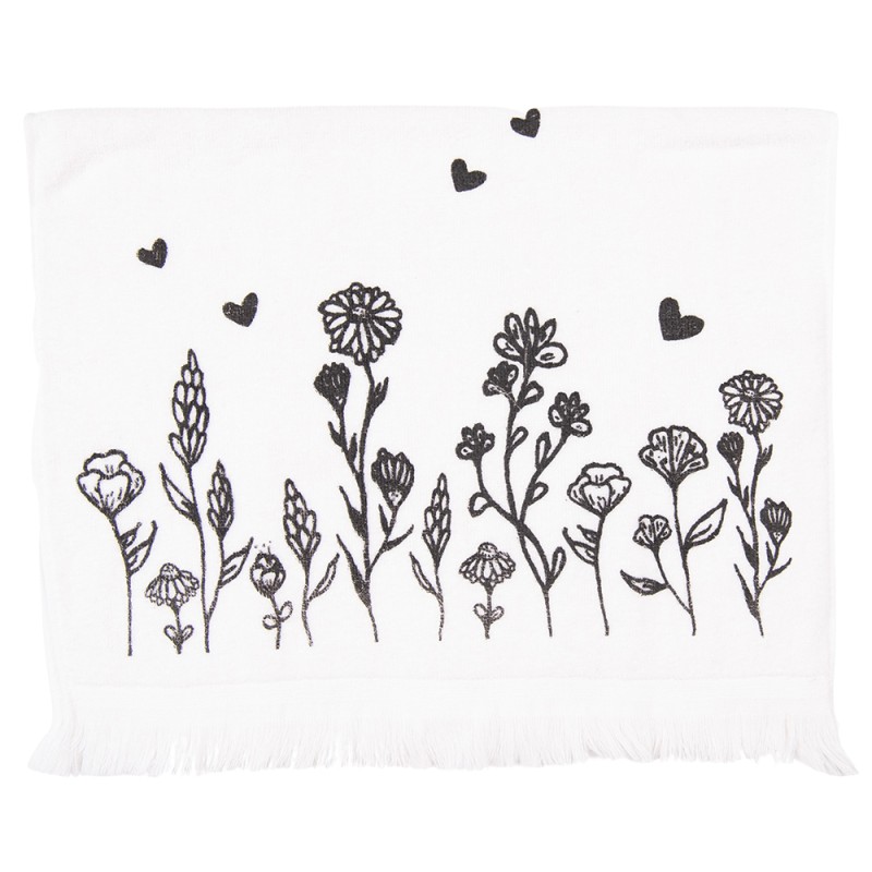 Clayre & Eef Guest Towel 40x66 cm White Black Cotton Flowers