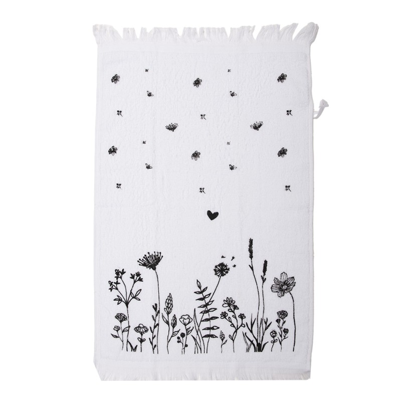Clayre & Eef Guest Towel 40x66 cm White Black Cotton Rectangle Flowers