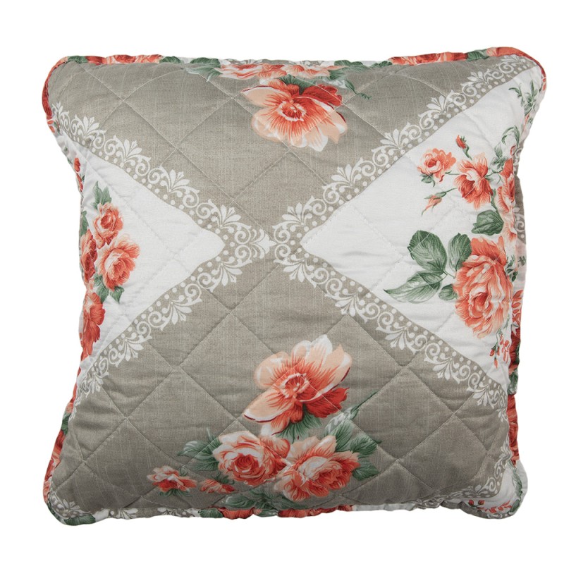 Clayre & Eef Kussenhoes  40x40 cm Grijs Roze Katoen Polyester Bloemen