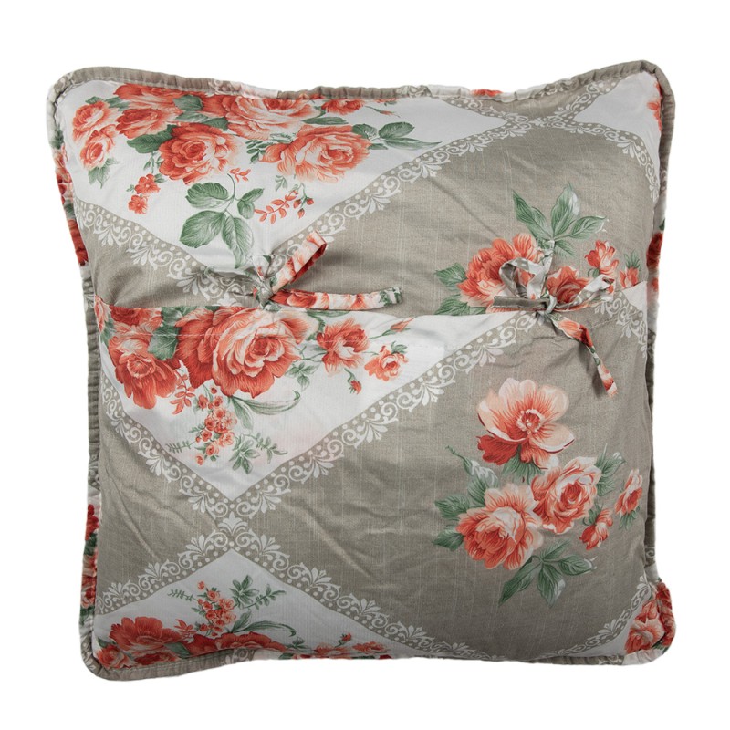 Clayre & Eef Cushion Cover 50x50 cm Grey Pink Cotton Polyester Flowers
