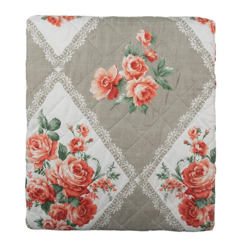 Clayre & Eef Bedspread 240x260 cm Grey Pink Cotton Polyester Rectangle Flowers