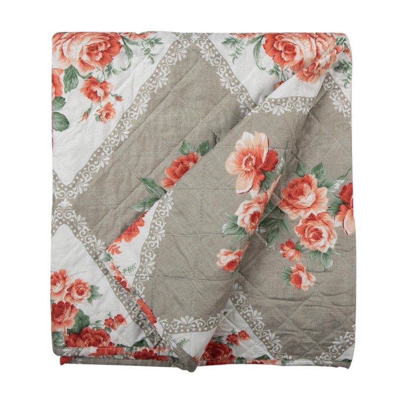 Clayre & Eef Tagesdecke 240x260 cm Grau Rosa Baumwolle Polyester Rechteck Blumen