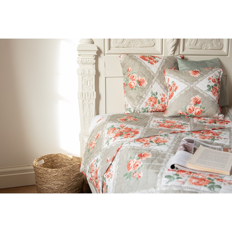 Clayre & Eef Bedsprei  240x260 cm Grijs Roze Katoen Polyester Rechthoek Bloemen
