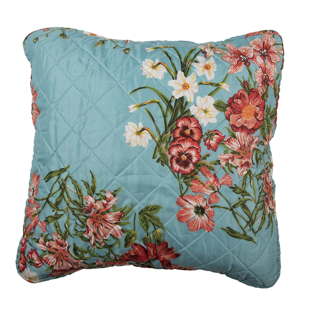Clayre&Eef Kussenhoes 50x50 cm Blauw Roze Katoen Bloemen afbeelding