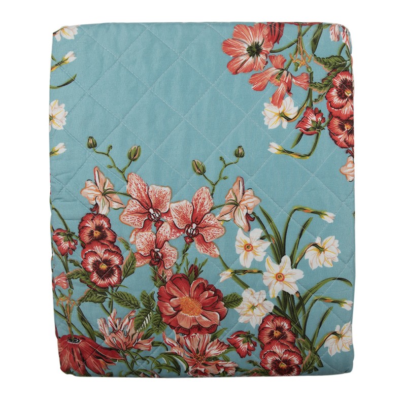 Clayre & Eef Bedspread 140x220 cm Blue Pink Cotton Polyester Rectangle Flowers