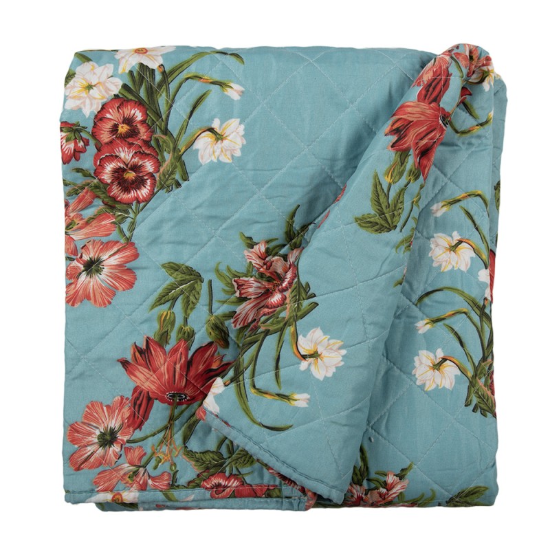 Clayre & Eef Bedspread 140x220 cm Blue Pink Cotton Polyester Rectangle Flowers