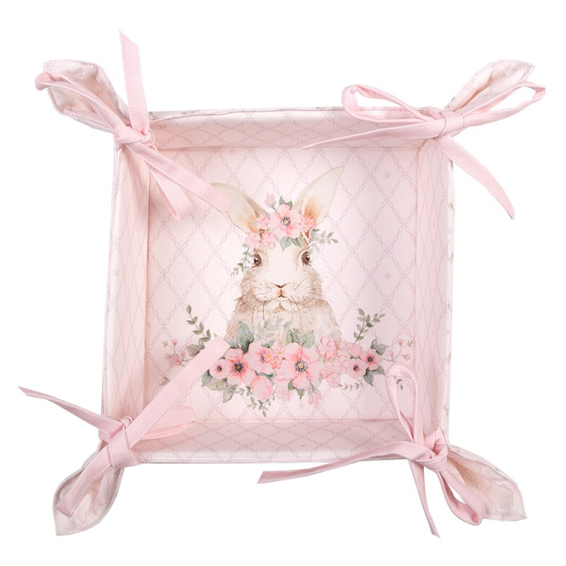 Clayre & Eef Bread Basket 35x35x8 cm Pink Cotton Square Rabbit