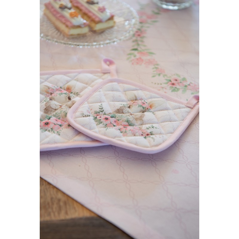 Clayre & Eef Bread Basket 35x35x8 cm Pink Cotton Square Rabbit