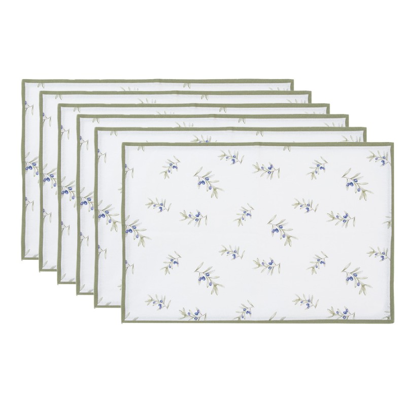 Clayre & Eef Placemats Set of 6 48x33 cm White Cotton Olives