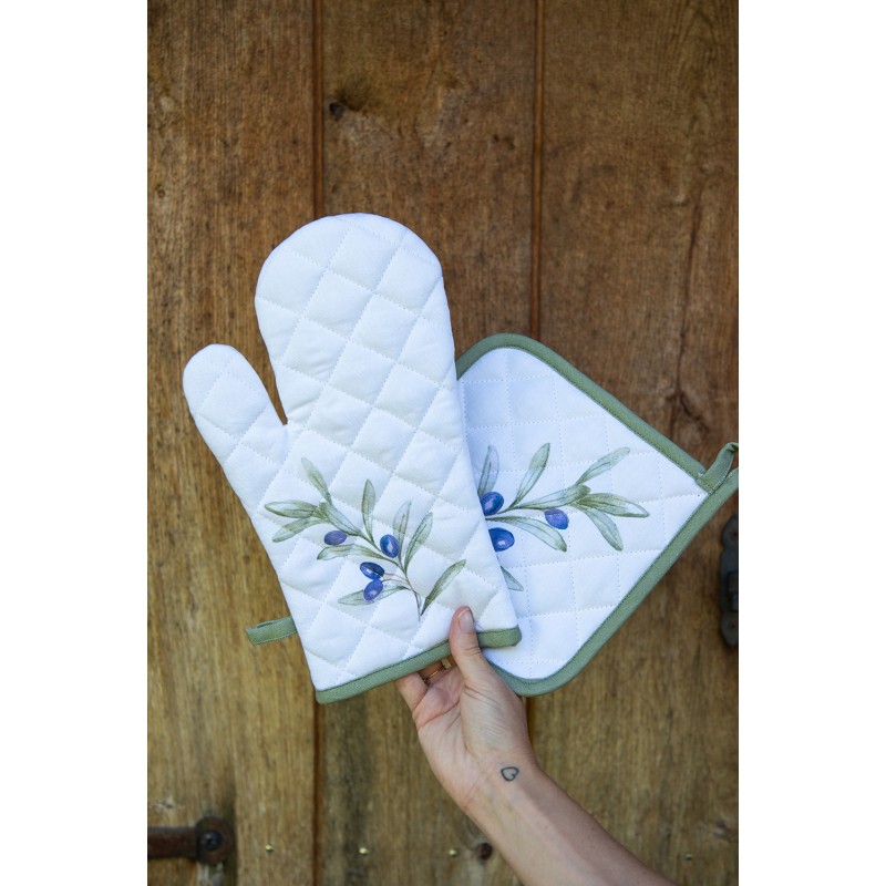 Clayre & Eef Oven Mitt 18x30 cm White Cotton Olives