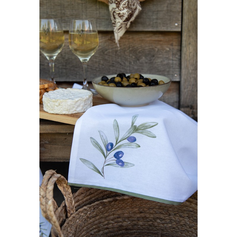Clayre & Eef Tea Towel  Ø 80 cm White Cotton Round Olives