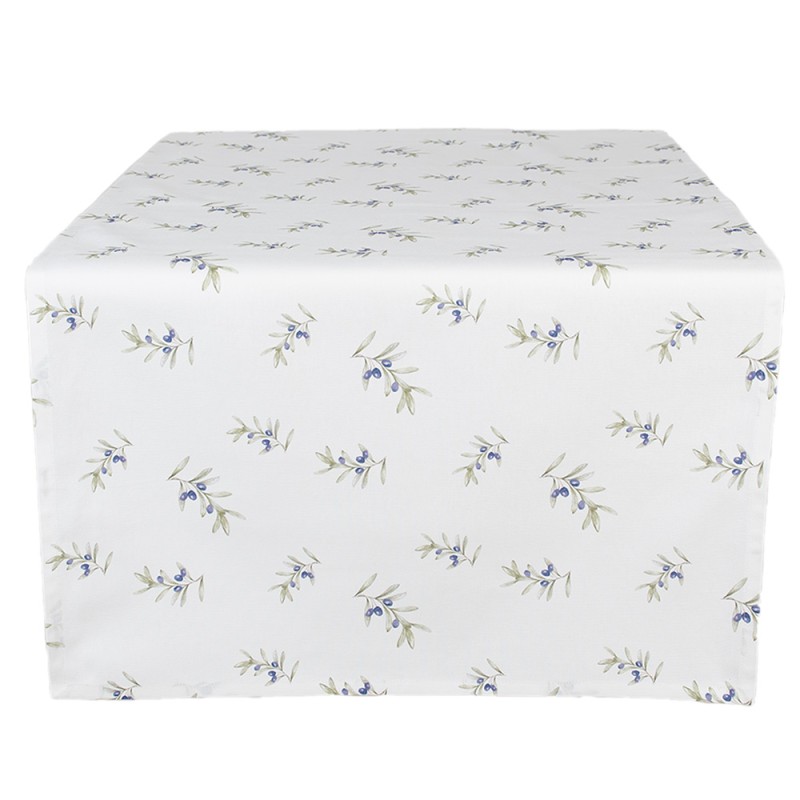 Clayre & Eef Table Runner 50x140 cm White Cotton Olives