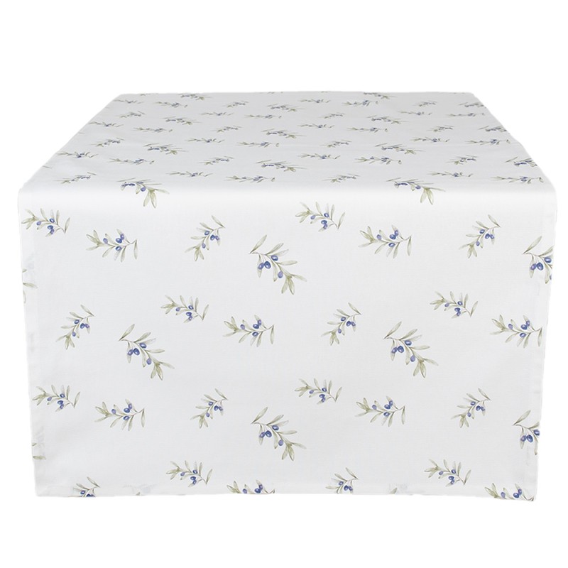 Clayre & Eef Tovaglia da tavolo 50x140 cm Bianco Cotone Olive