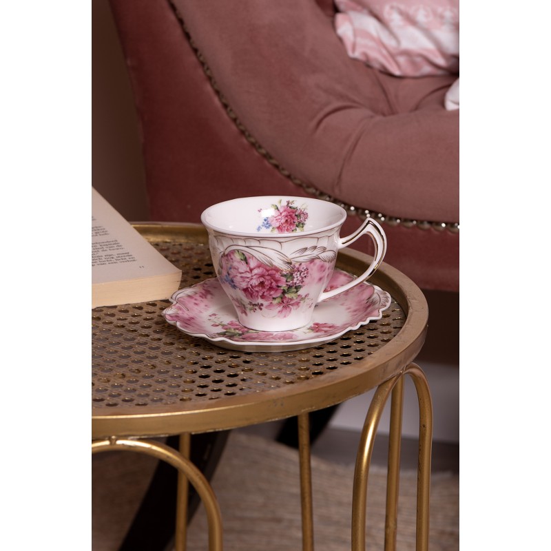 Clayre & Eef Cup and Saucer 200 ml White Pink Porcelain Round Flowers