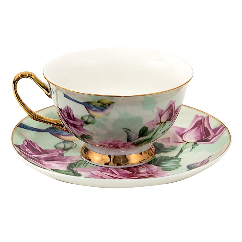 Clayre & Eef Cup and Saucer 200 ml Green Porcelain Flowers