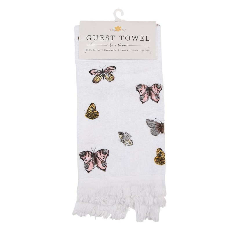 Clayre & Eef Guest Towel 40x66 cm White Pink Cotton Butterflies